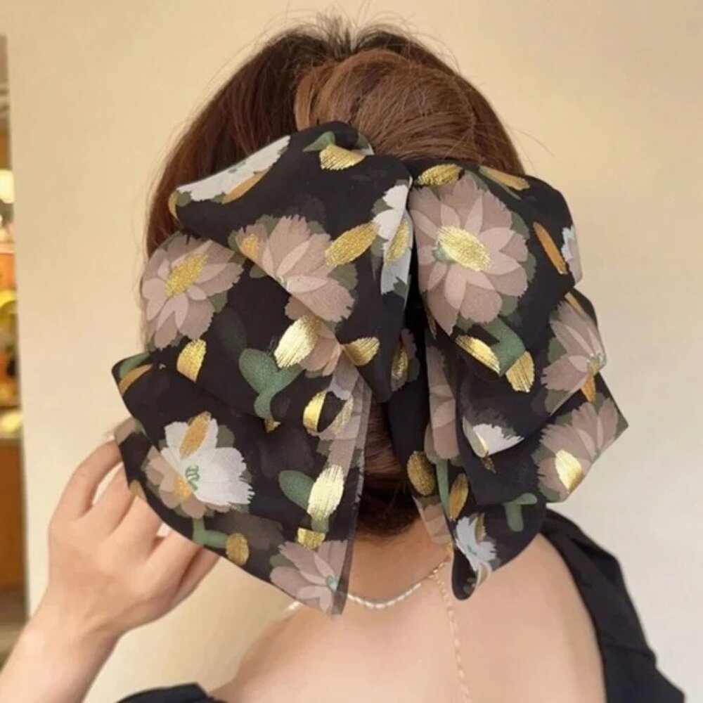 Boho Floral Print Layered Large Bow Hair Clip - Picture 5 of 5